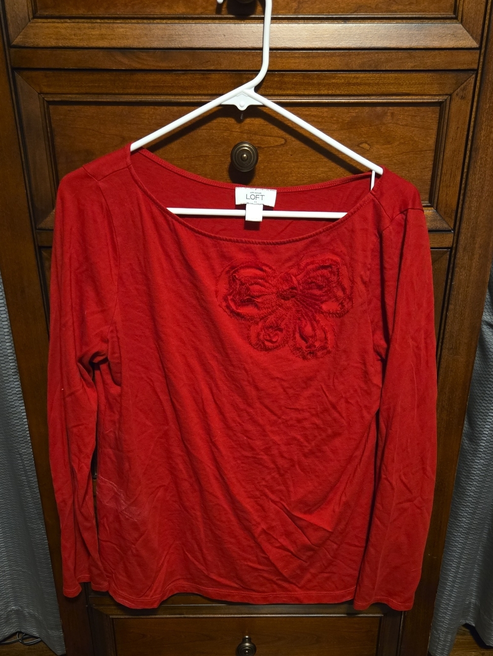 LOFT Red Long-Sleeve Top with Embroidered Bow